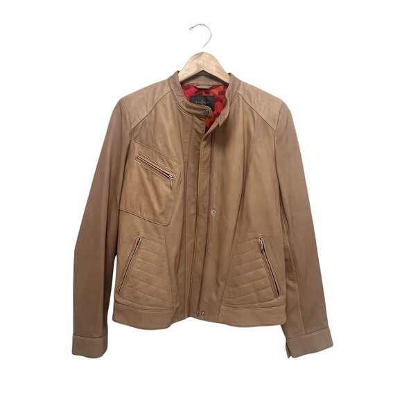 Cole Haan Lamb Leather Moto Jacket Zip Front Collarless Tan Nude Brown Women’s M - Picture 2 of 12